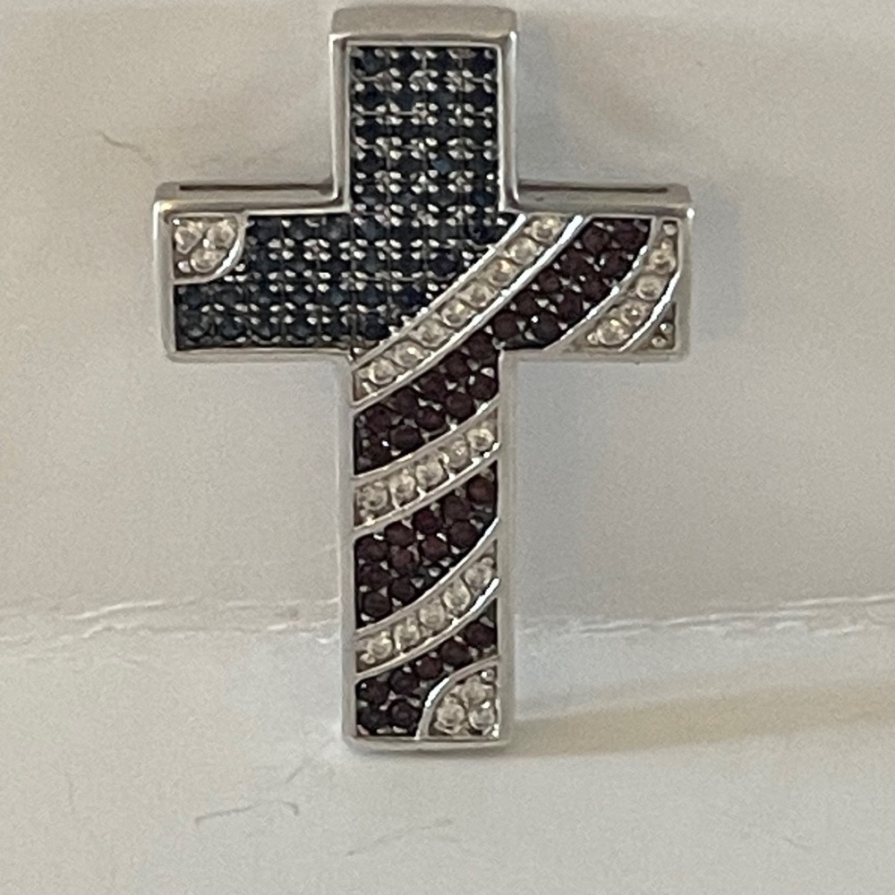 Patriotic American cross pendant with rubies emeralds and Diamond in sterling si